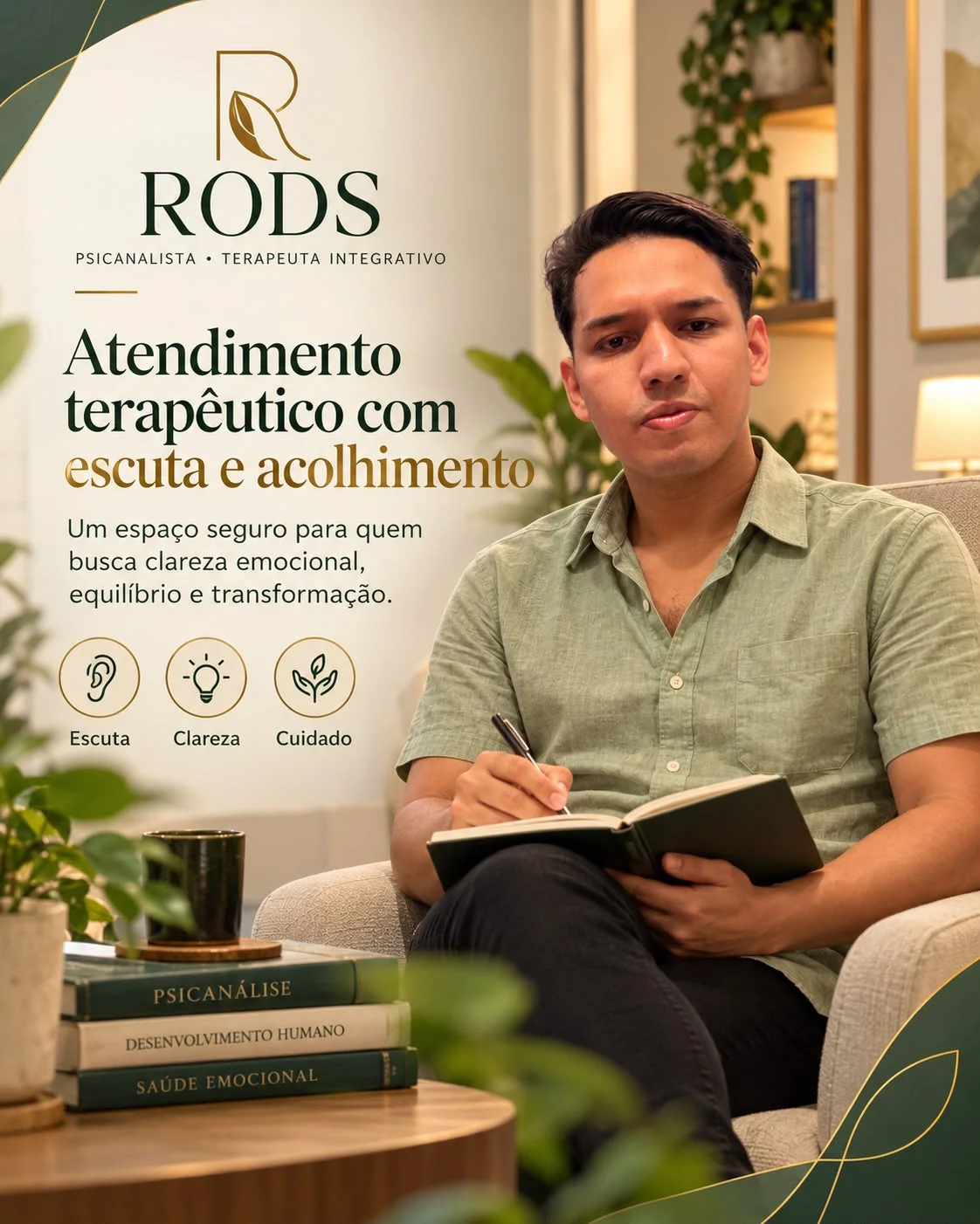 RODS na poltrona, escrevendo, com o texto: Atendimento terapêutico com escuta e acolhimento. Escuta, clareza, cuidado.